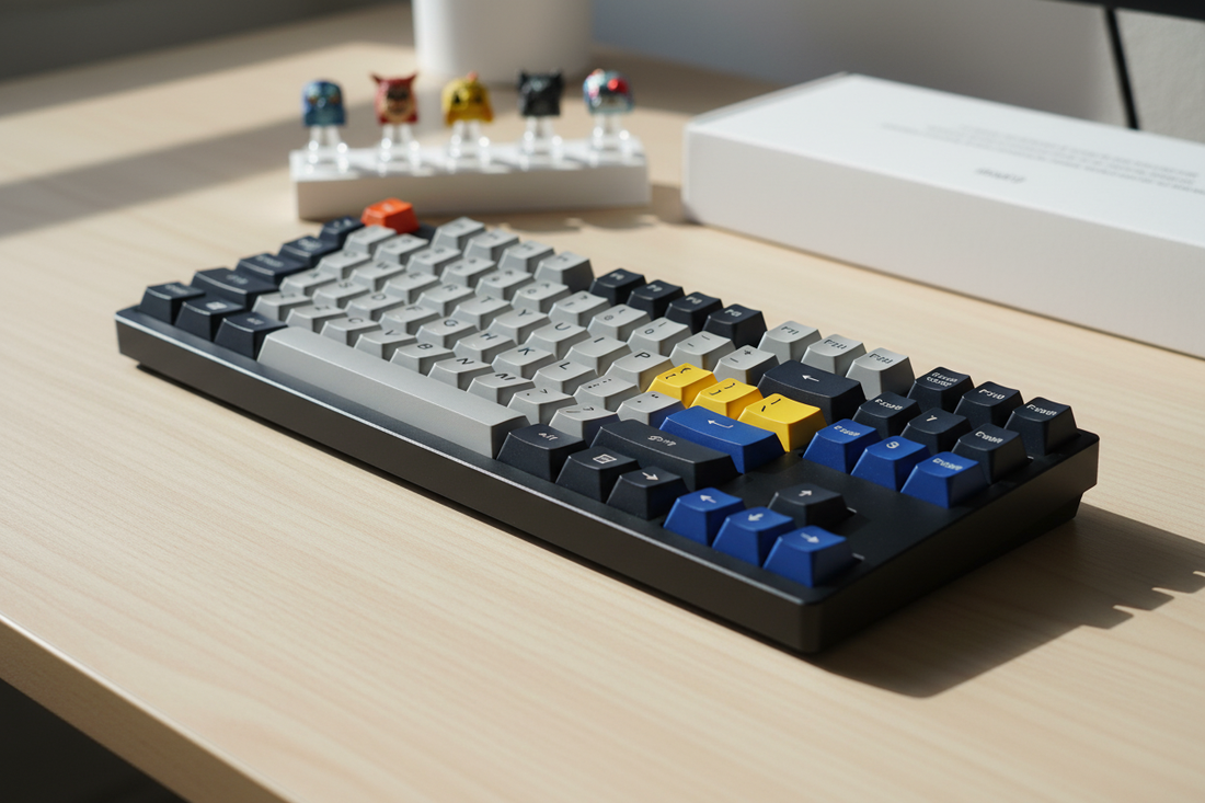 Mechanical keyboard with colorful keycaps on a modern desk, ideal for custom keyboard setup inspiration